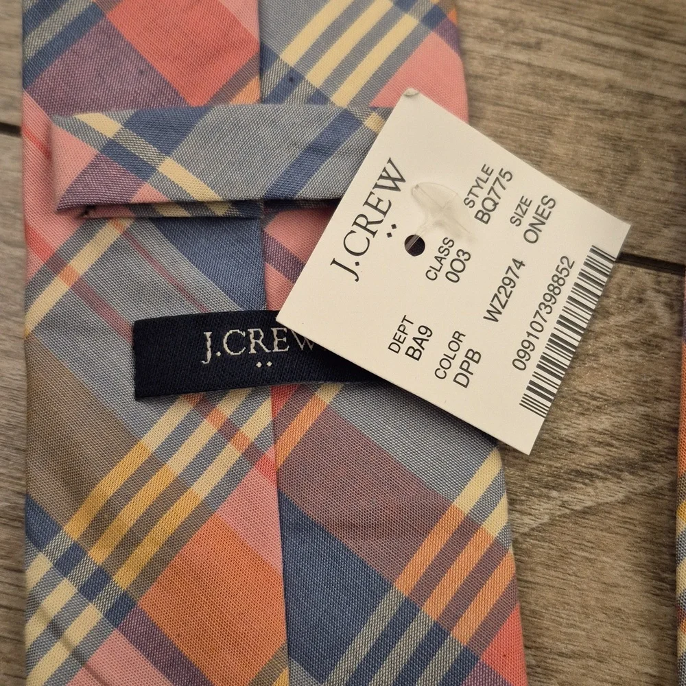 J CREW Preppy Spring Pink Blue Grey Gold Plaid Skinny‎ Mens Cotton Tie NEW